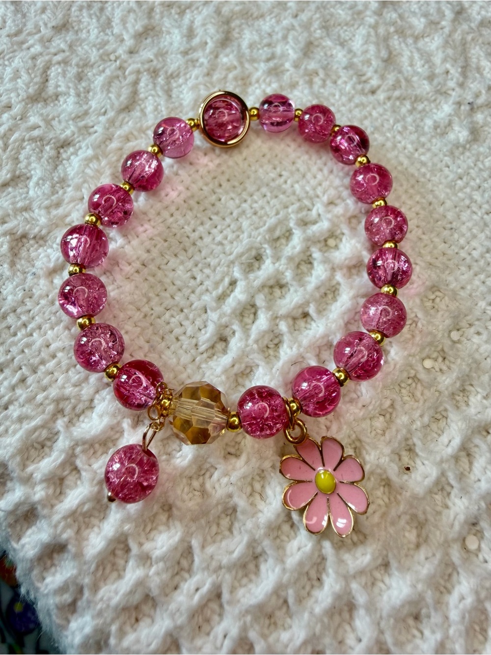 Pink Beaded Daisy Charm Bracelet - Unbranded